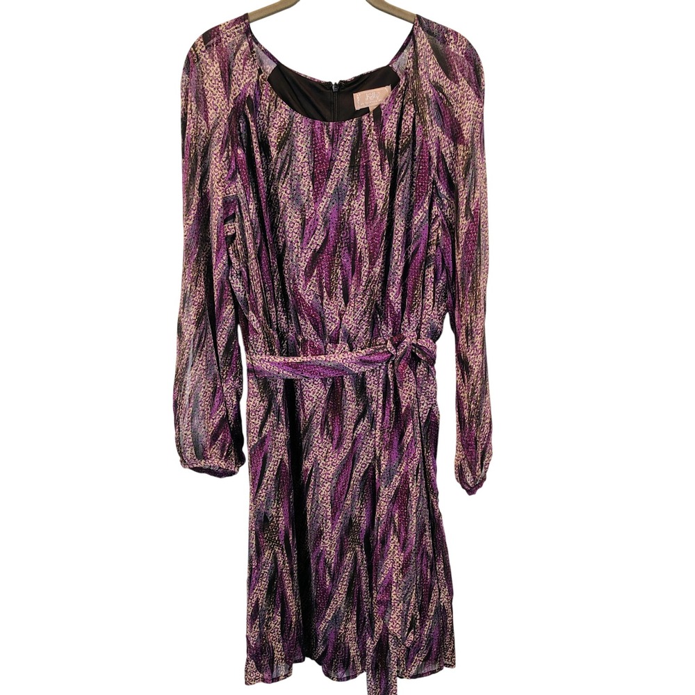 Womens 1X Clinton Kelly Long Sleeve Belted Dress Purple Abstract Animal Print